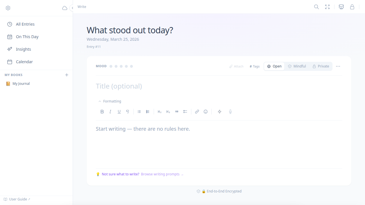 MoodHaven Journal — writing view with mood selector and rich text editor